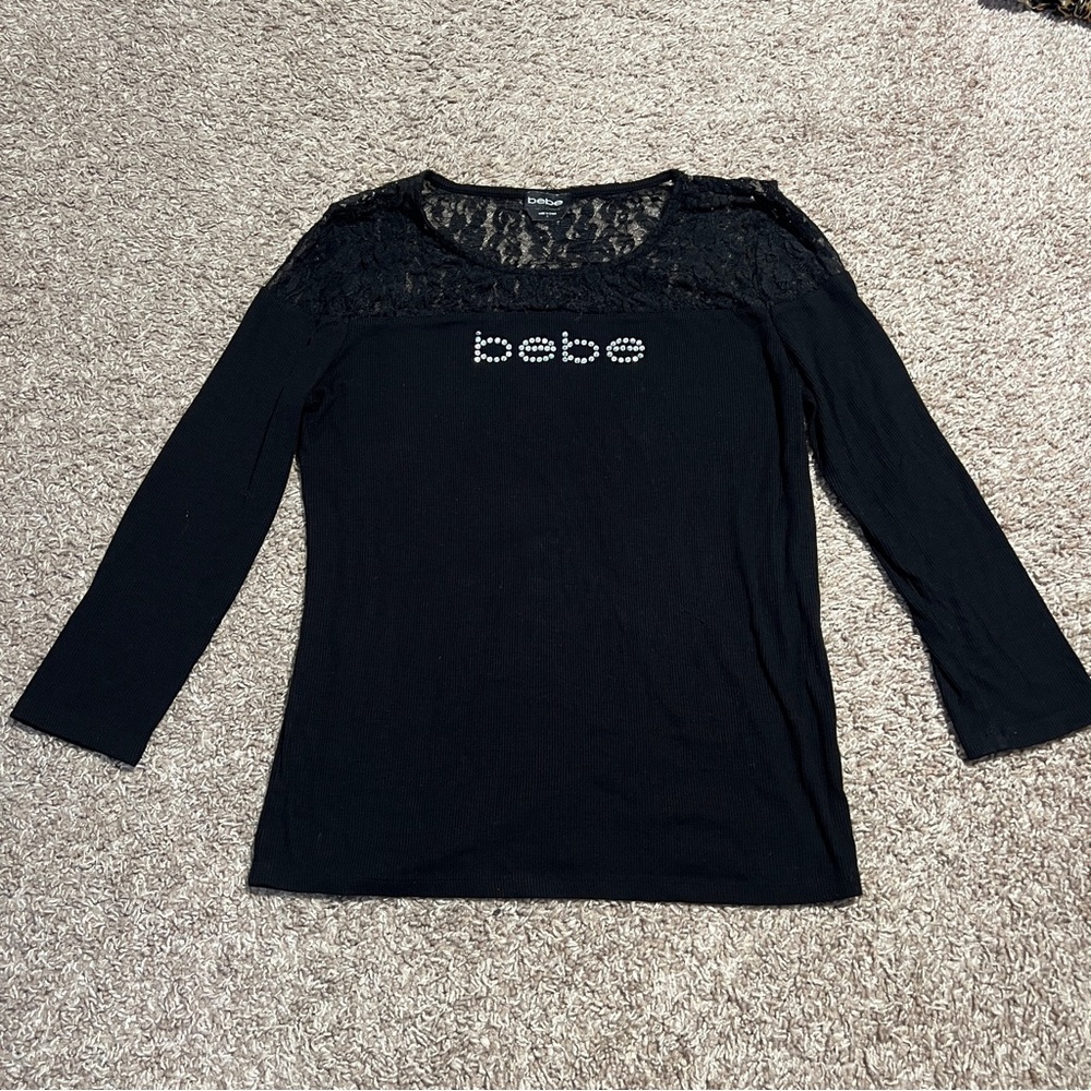 Bebe Black Long Sleeve Top with Lace Accents